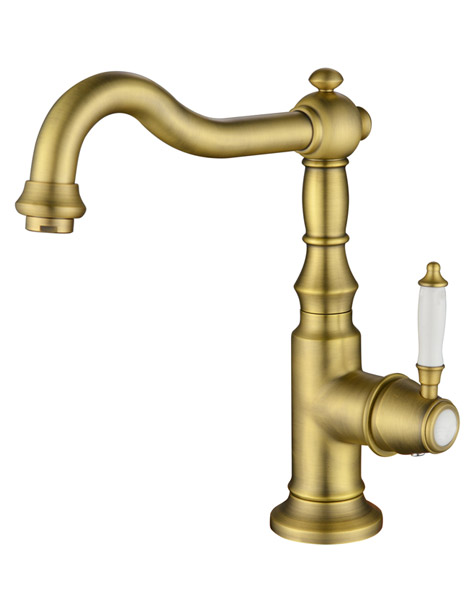 ברז קשת לכיור עם פיה מסתובבת בשילוב פורצלן דגם 7003 זהב מוברש